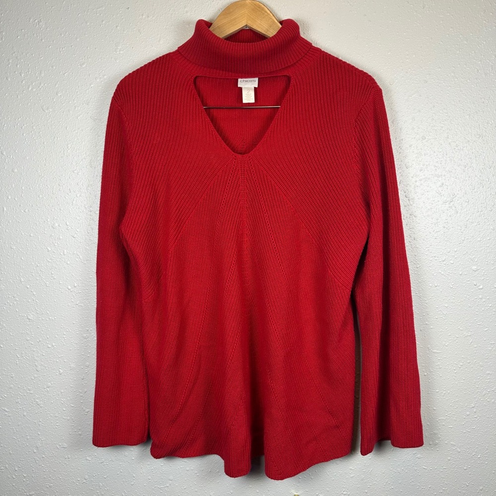 Chicos Womens XL Turtleneck Sweater Deep V-Neck Cutout Ribbed Red Fall Holiday